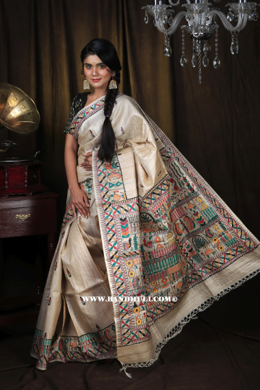 Madhubani Hand Paint Tussar Saree in Shades of Beige- BSHP60